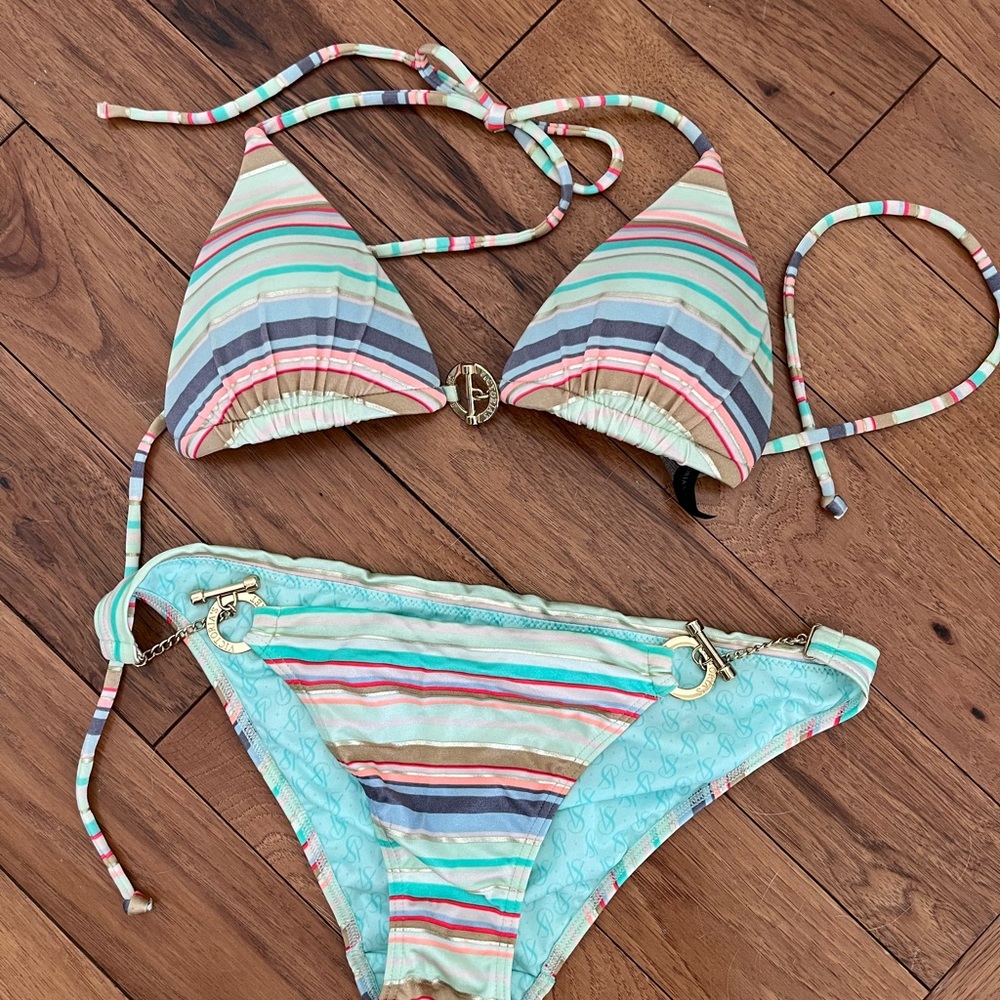 Striped Bikini Set with Gold Accents